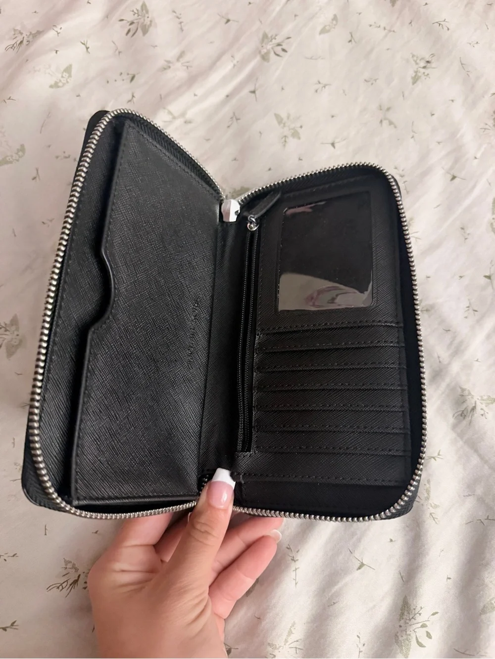 Michael Kors Black Pebbled Leather Zip Wallet with Silver MK Emblem